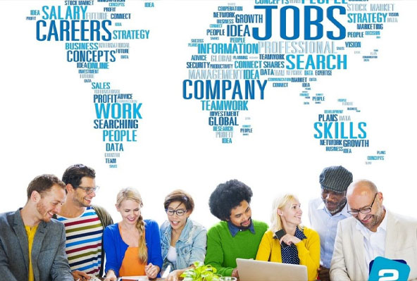 Global Careers Word Cloud with Diverse Group of Professionals